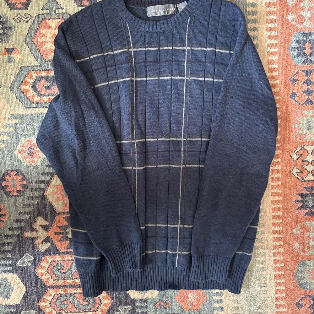 Oscar de la Renta Vintage Blue Windowpane Plaid Cotton Knit Crewneck Sweater